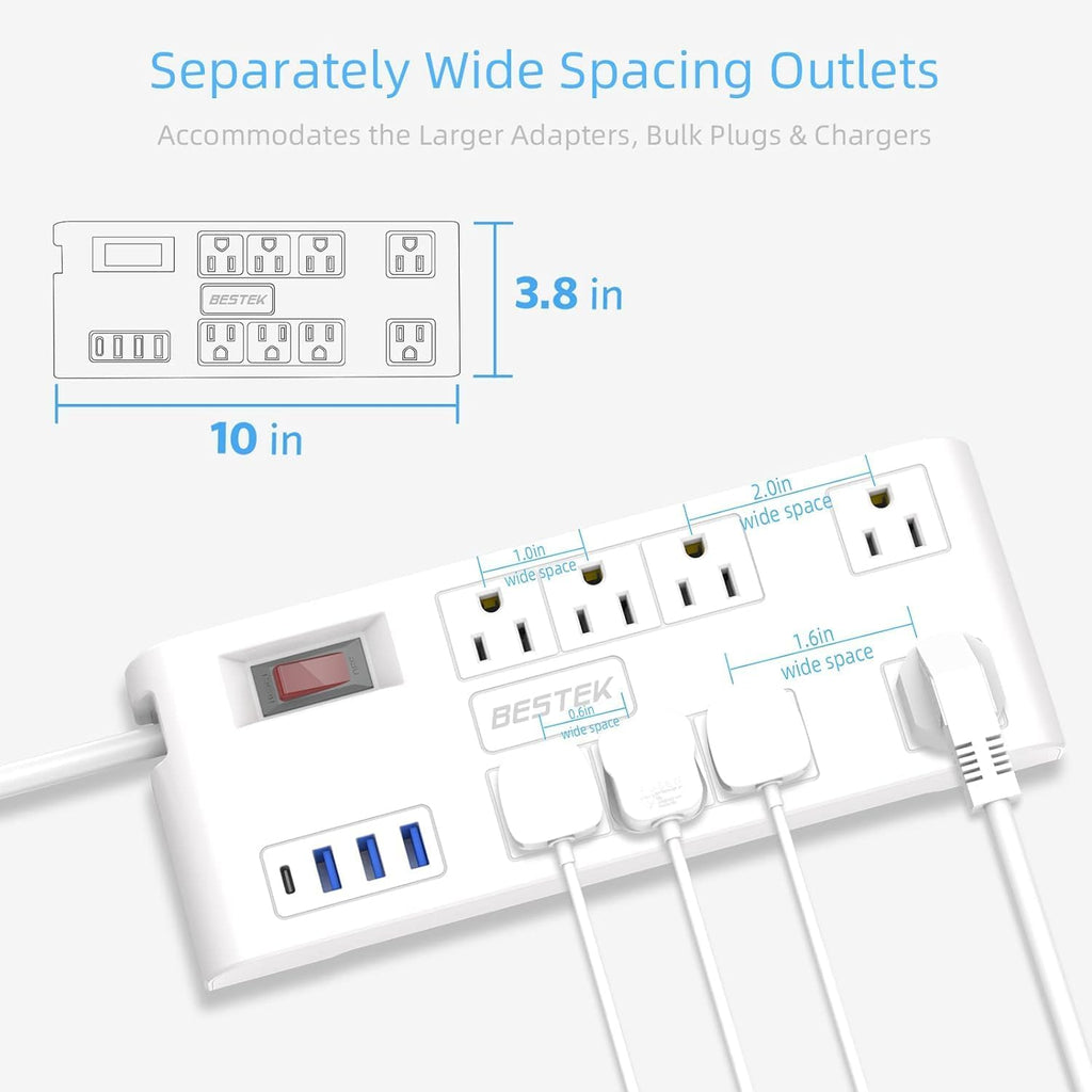 8-Outlet 6Ft Extension Cord Power Strip with 15A 1875W Surge Protector with 5V 4.2A 4 USB Charge Station,600J,Wide Spaced Outlet for Large Plug