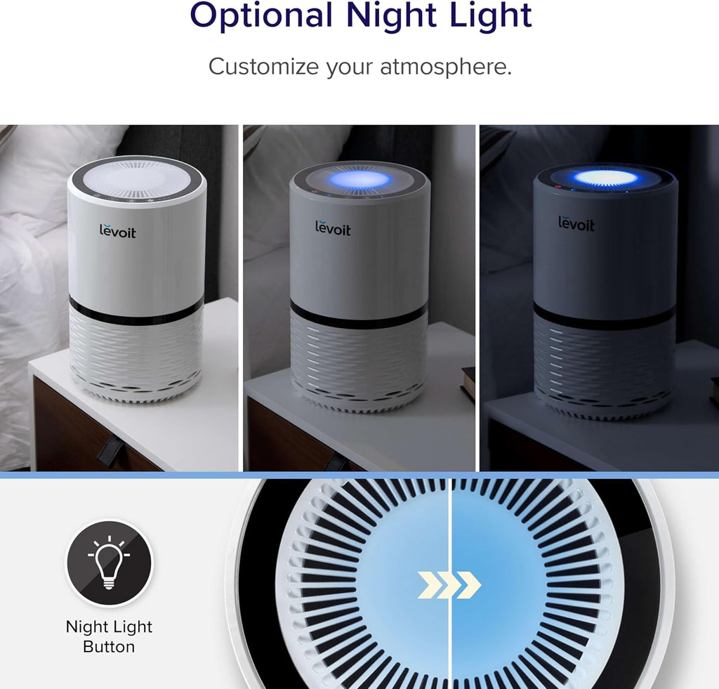Air Purifier for Home, AHAM Verifide, High-Efficiency Filter for Smoke, Dust, Pollen, and Odors in Bedroom, Office, or Nursery, Optional Night Light, Quiet Operation, LV-H132, White